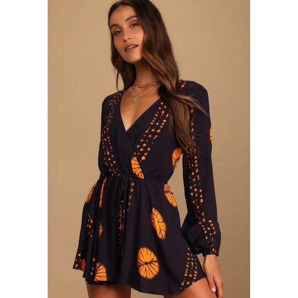 Lulus Adventuresome Dark Purple Tie-Dye Long Sleeve Romper size‎ XS NWT